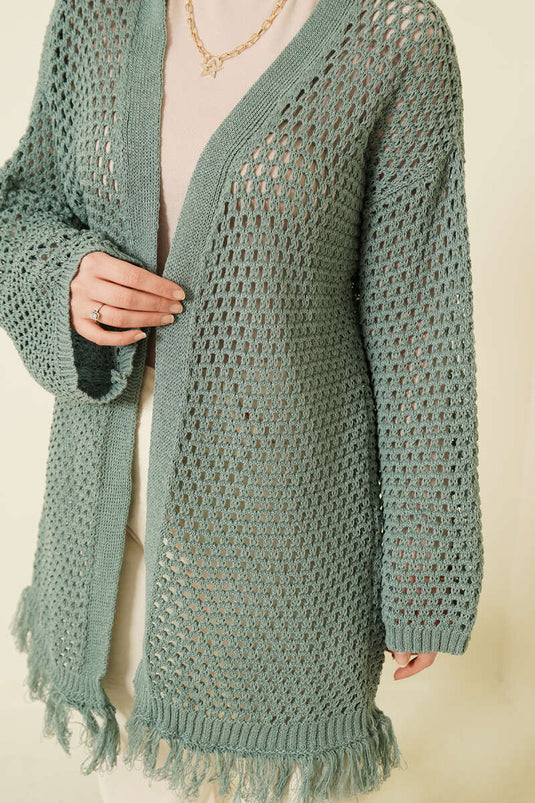 Cardigan en tricot ajouré à franges, menthe