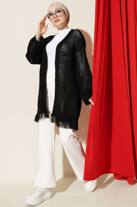 Black Openwork Knit Cardigan with Tassel Hem