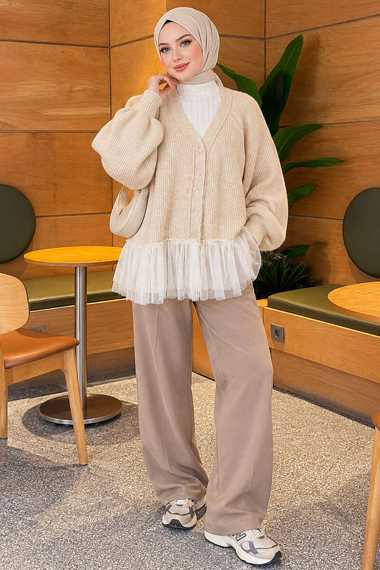 Gilet En Maille Beige À Manches Ballon Et Jupe En Tulle