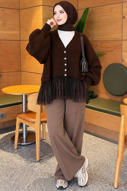 Brown Tulle Skirt Balloon Sleeve Knit Cardigan