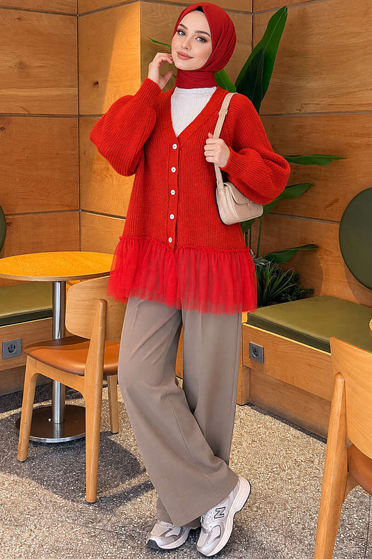 Chaqueta De Punto Roja Con Mangas De Globo Y Dobladillo Con Volantes
