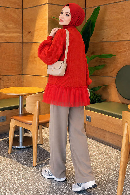 Chaqueta De Punto Roja Con Mangas De Globo Y Dobladillo Con Volantes