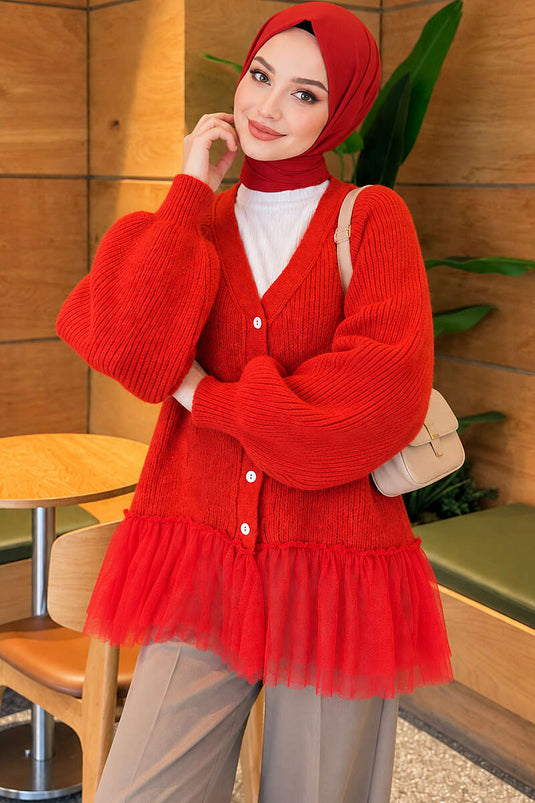 Chaqueta De Punto Roja Con Mangas De Globo Y Dobladillo Con Volantes