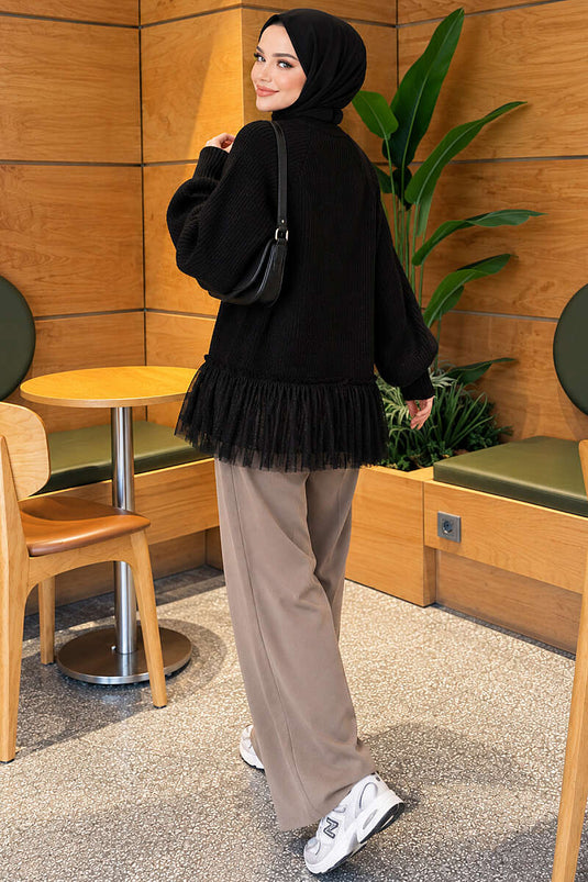 Gilet En Maille À Manches Ballon Et Ourlet En Tulle Noir