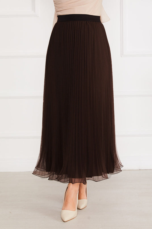 Ruffled Hem Modest Tulle Skirt Dark Brown