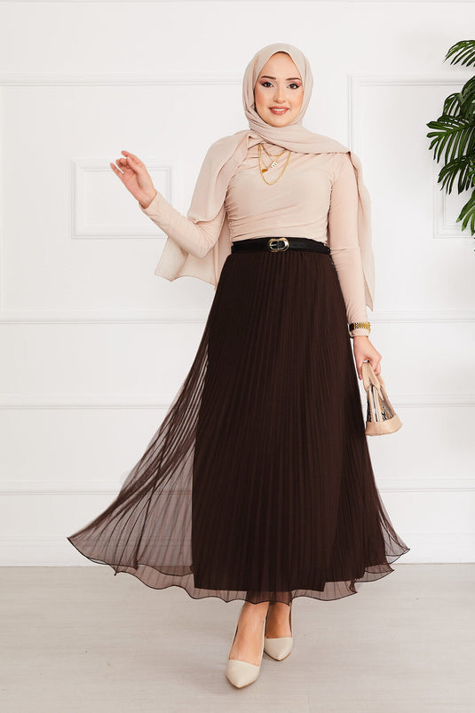 Ruffled Hem Modest Tulle Skirt Dark Brown