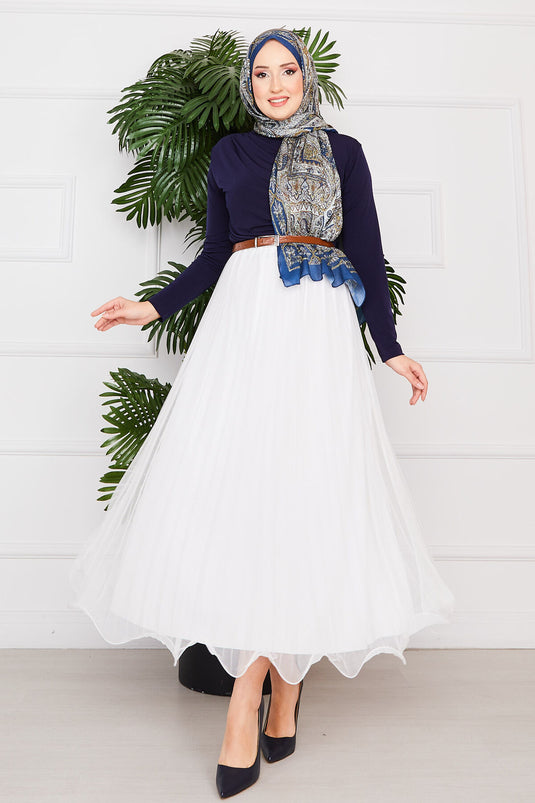 White Hijab Tulle Skirt with Flounce Skirt