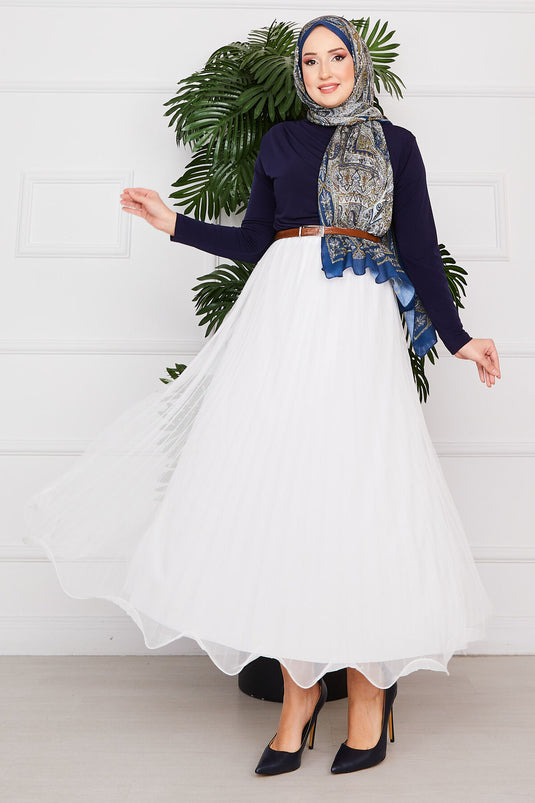 White Hijab Tulle Skirt with Flounce Skirt