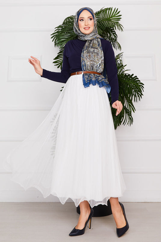 White Hijab Tulle Skirt with Flounce Skirt