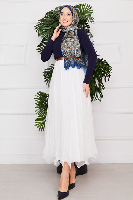 White Hijab Tulle Skirt with Flounce Skirt