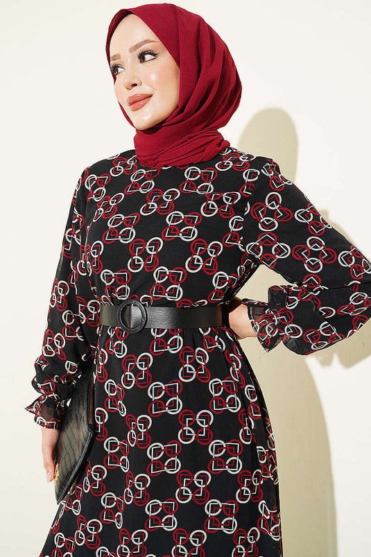 Bordeaux Muster Kleid Aus Chiffon Mit Raffung