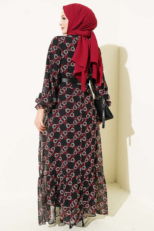 Bordeaux Muster Kleid Aus Chiffon Mit Raffung