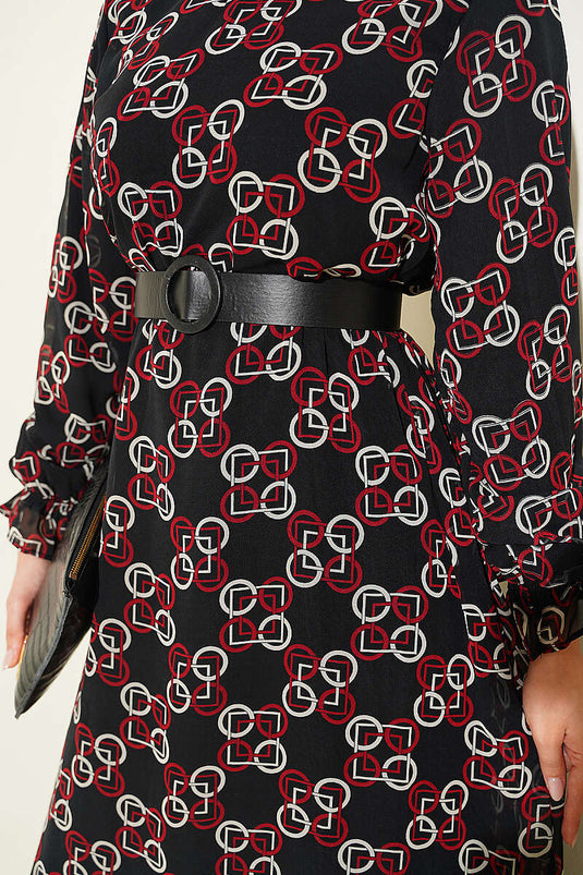 Bordeaux Muster Kleid Aus Chiffon Mit Raffung