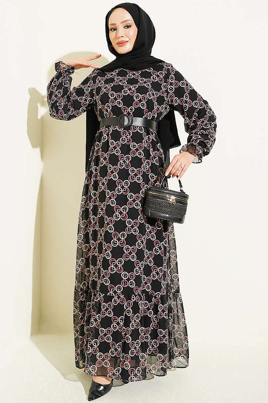 فستان Chiffon مزخرف وردي بتنورة مطوية