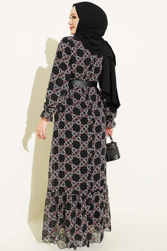 فستان Chiffon مزخرف وردي بتنورة مطوية