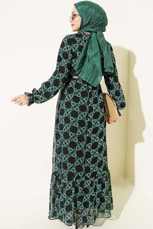Groen Gebloemd Chiffon Jurk Met Ruches