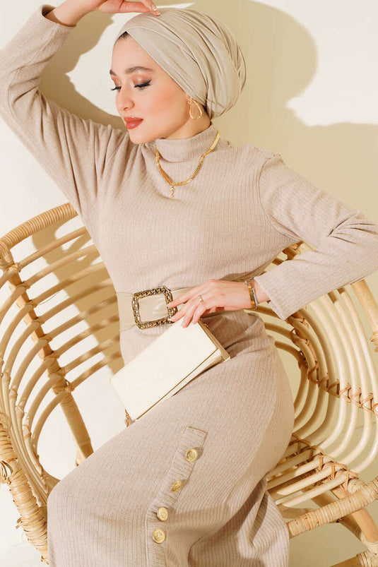 Robe côtelée boutonnée beige