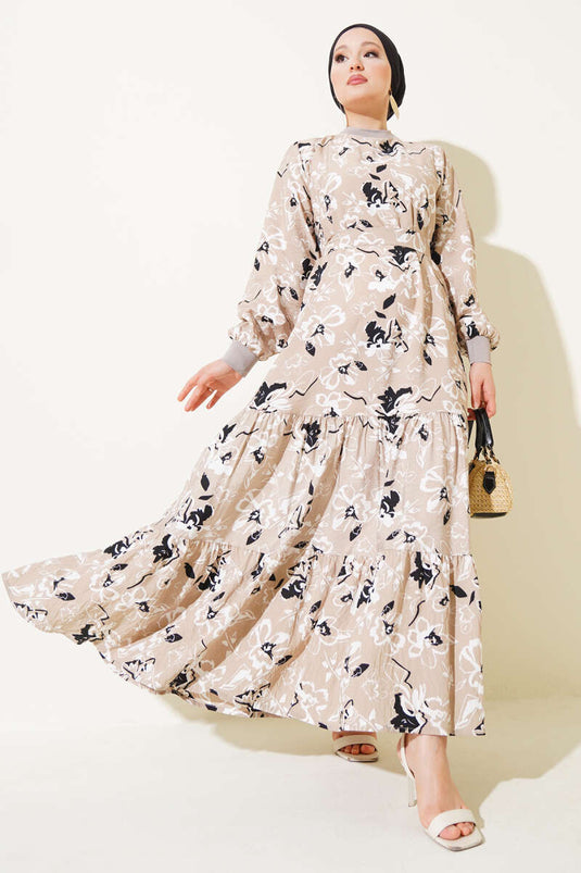 Etek Pileli Çiçek Desenli Elbise Bej