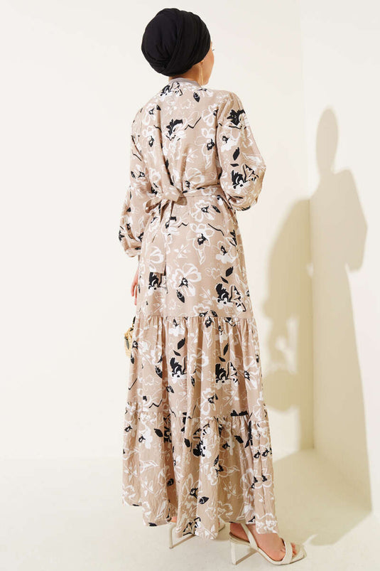 Etek Pileli Çiçek Desenli Elbise Bej