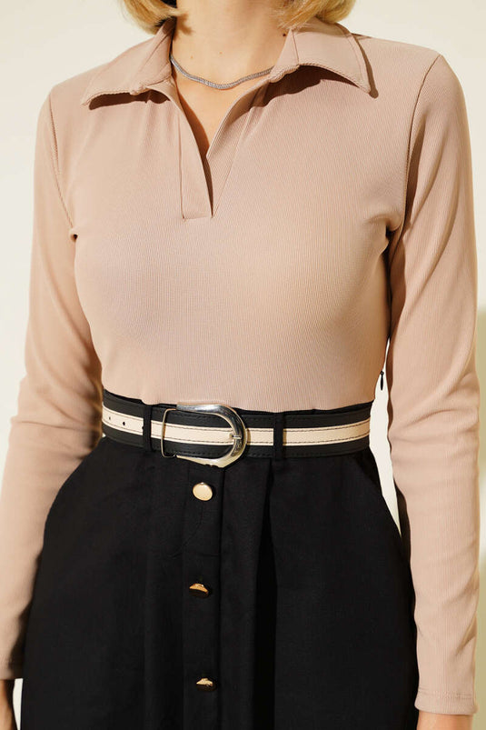 Latte Dress with Pleated Skirt and Belt