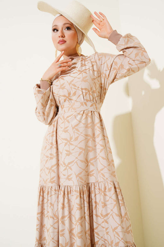 Etek Pileli Kol Pileli Desen Elbise Bej