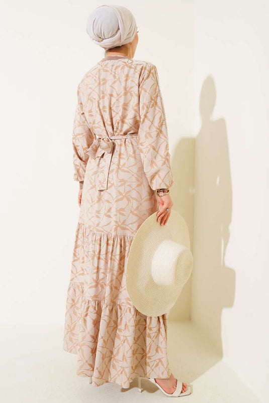 Etek Pileli Kol Pileli Desen Elbise Bej