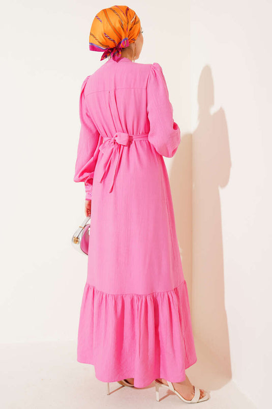 Pleated Belted Dress with Skirt and Pink