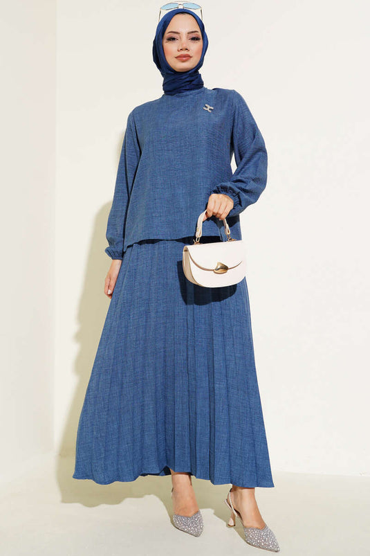 Etek Piliseli İkili Takım Indıgo