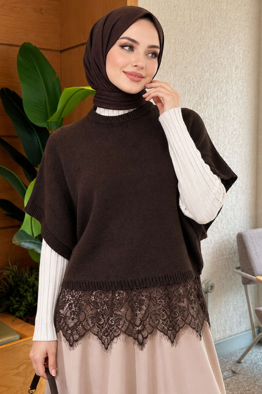 Brauner Strickpullover Mit Spitzenabschluss
