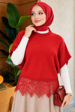 Pull En Maille Rouge Avec Détail De Bord En Dentelle