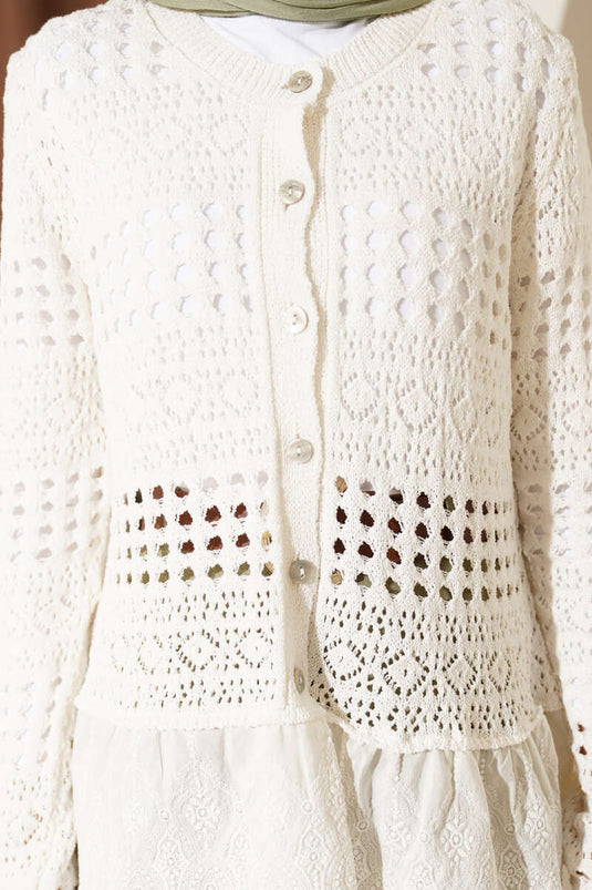 Cardigan court ajouré à dentelle crème
