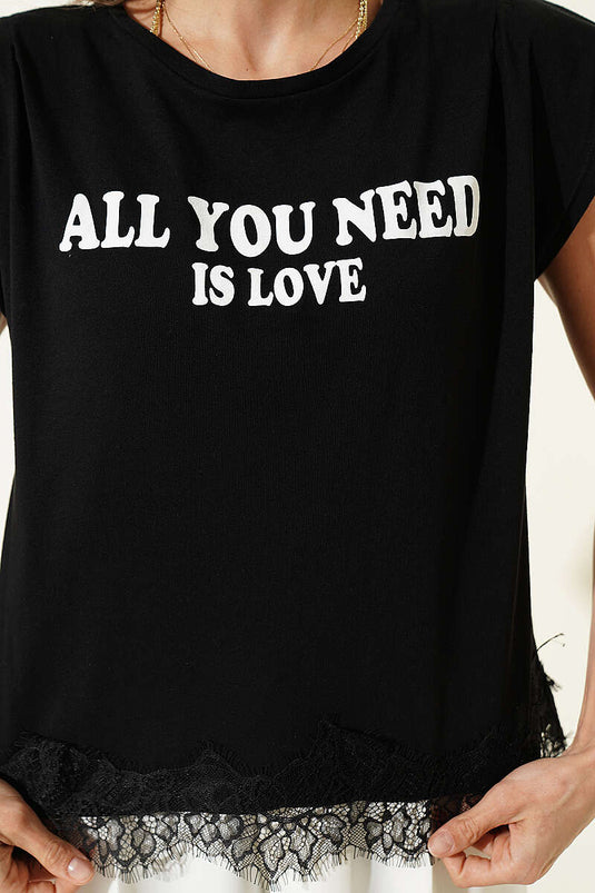Etek Ucu Dantelli Kolsuz T-shirt Siyah