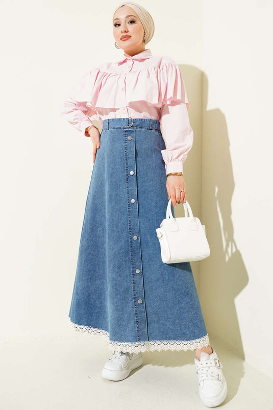 تنورة جينز بحافة مزخرفة وتنورة جينز