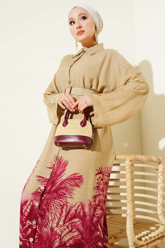 Button-Down Dress with Patterned Hem, Burgundy