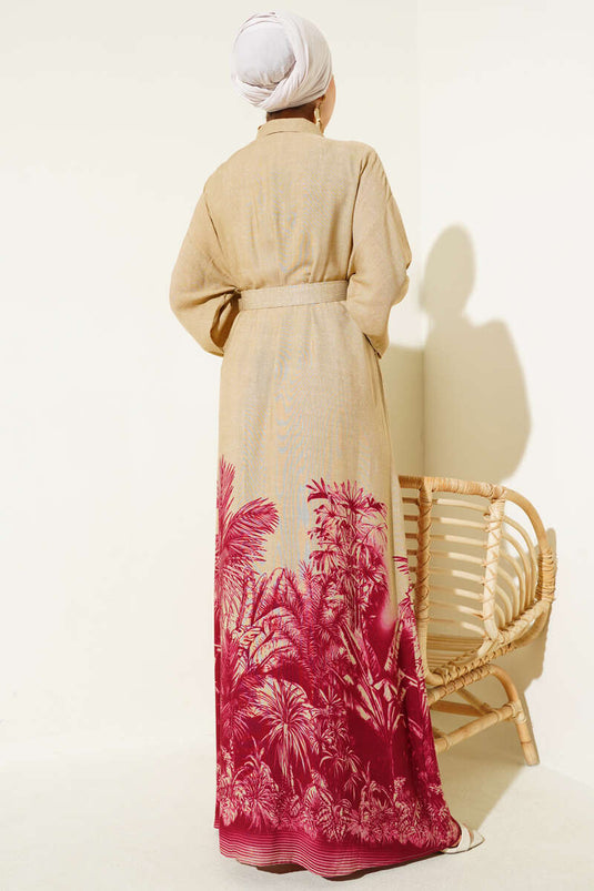 Button-Down Dress with Patterned Hem, Burgundy