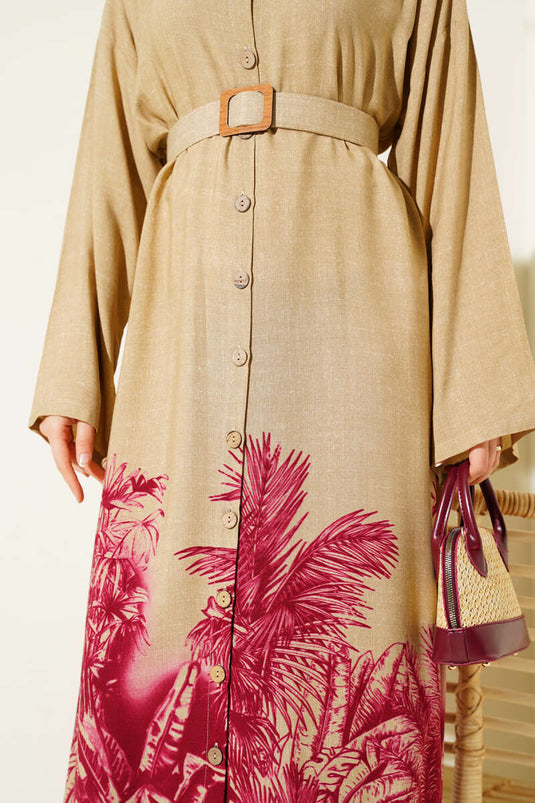 Button-Down Dress with Patterned Hem, Burgundy