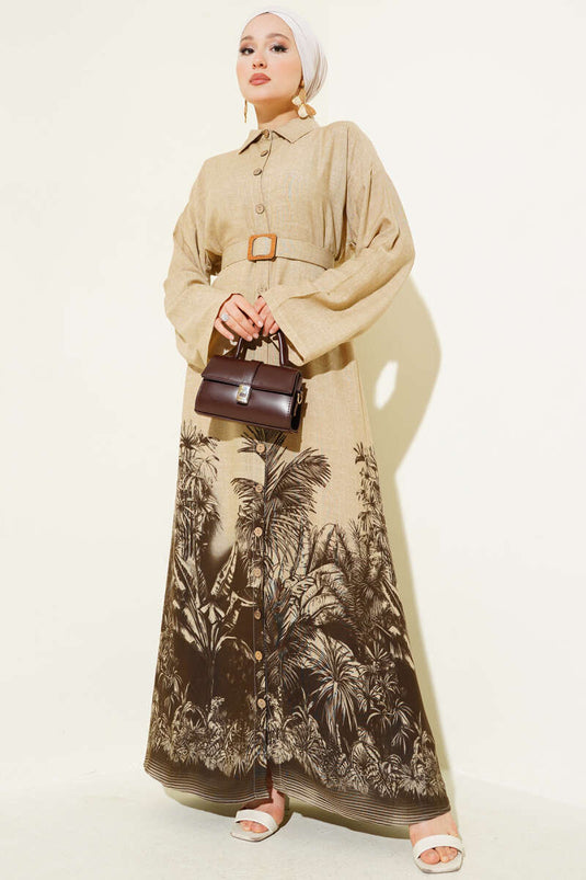 فستان بأزرار مع نمط حاشية، بني