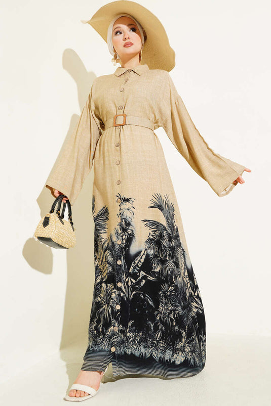 Black Button-Down Dress with Patterned Hem