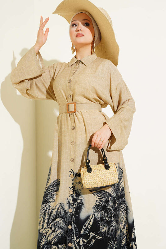 Black Button-Down Dress with Patterned Hem