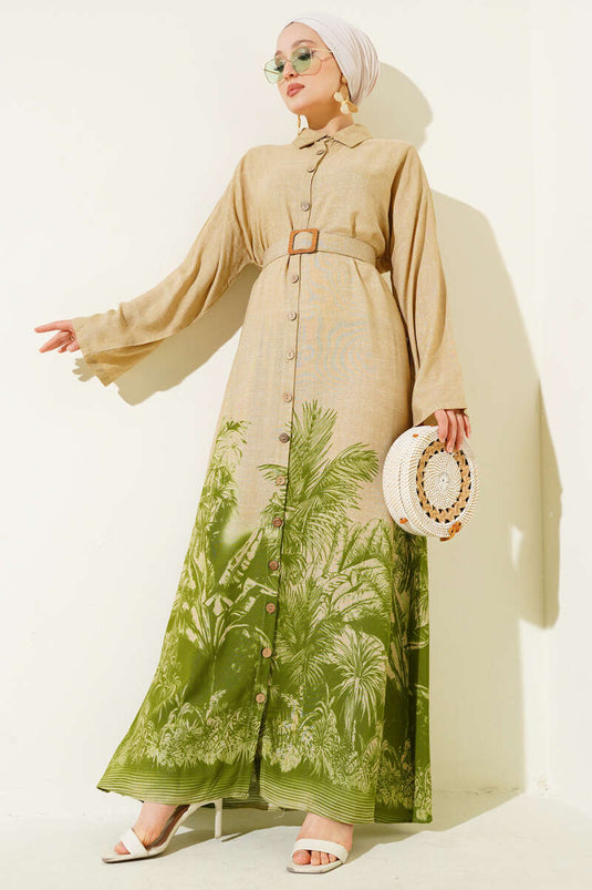 Etek Ucu Desenli Boydan Düğmeli Elbise Yeşil