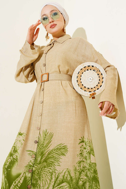 Etek Ucu Desenli Boydan Düğmeli Elbise Yeşil