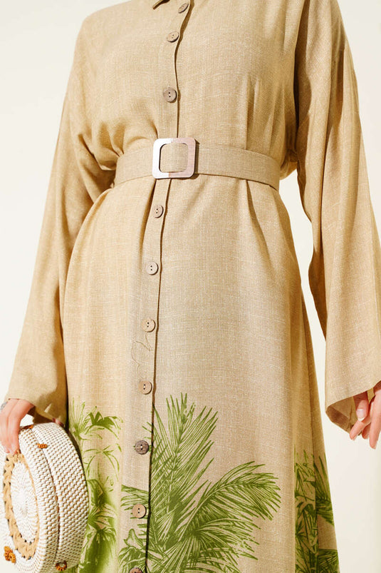 Etek Ucu Desenli Boydan Düğmeli Elbise Yeşil