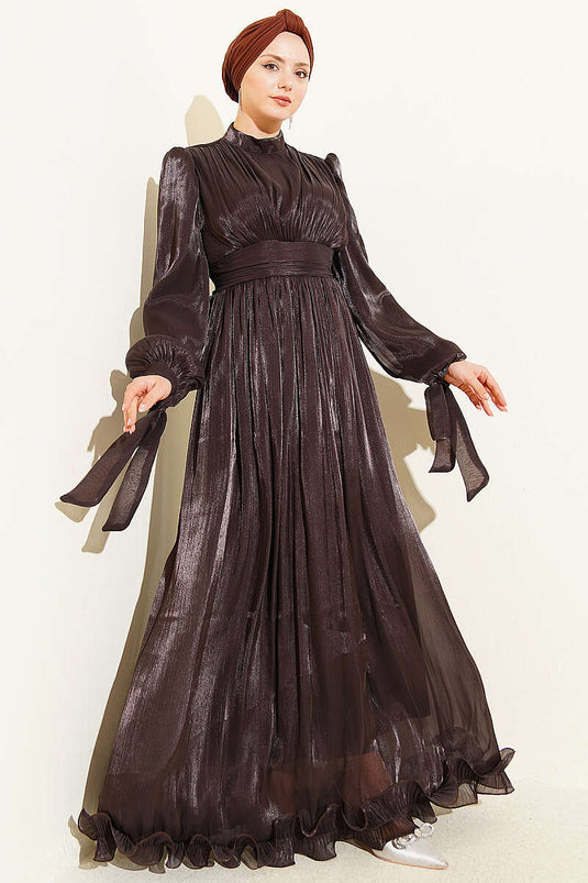 Robe de soirée à volants froncés, bordure plissée, couleur café amer