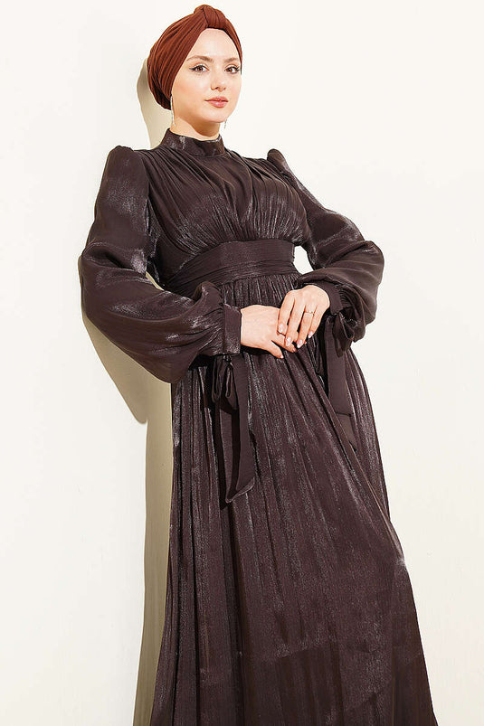 Robe de soirée à volants froncés, bordure plissée, couleur café amer