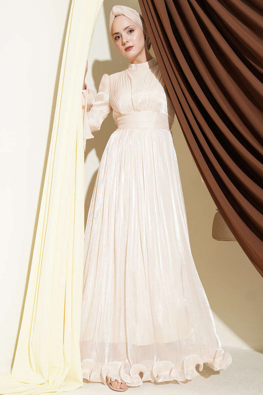 Beige Evening Dress with Ruffled Hem and Gathered Detail