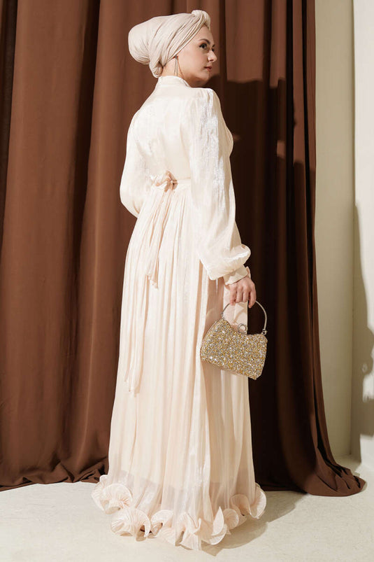 Beige Evening Dress with Ruffled Hem and Gathered Detail