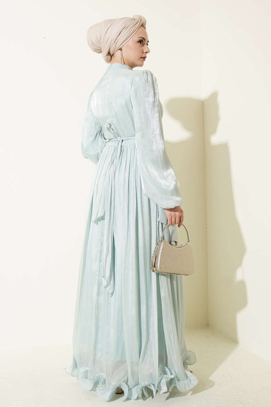 Ruffled Hem Gathered Evening Dress in Olive Green