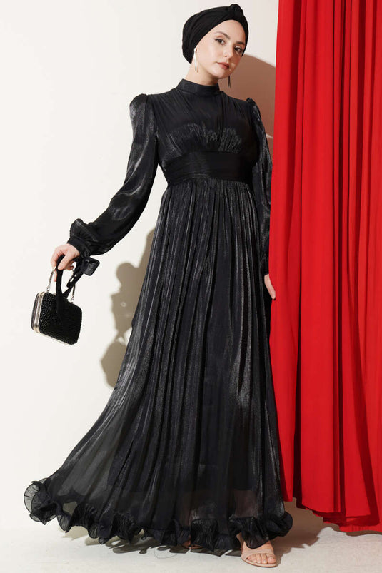 Abendkleid mit gerafftem, volanter Saum, Schwarz
