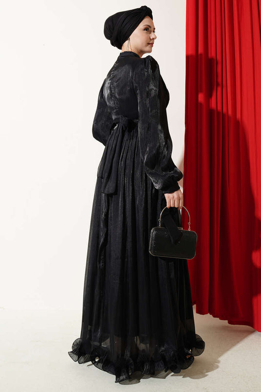 Abendkleid mit gerafftem, volanter Saum, Schwarz