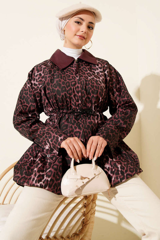 Leopard Trench Coat with Hidden Elastic Hem, Plum